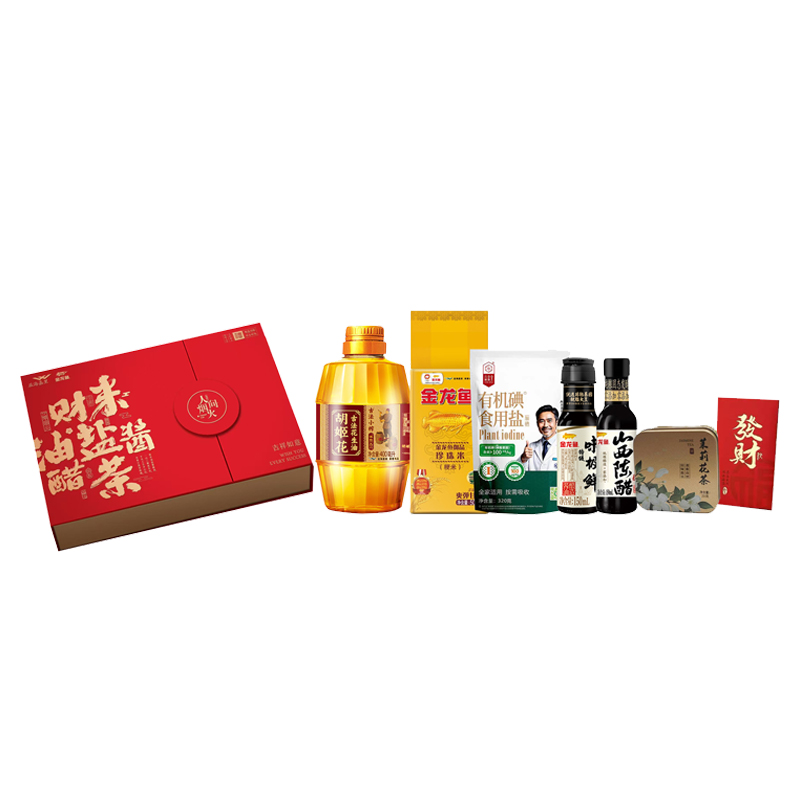 财米油盐酱醋茶礼盒装（恭喜发财红包*1+御品珍珠米500g+古法花生油400ml+食用盐250g+味极鲜酱油150ml+山西陈醋150ml+茉莉花茶20g）